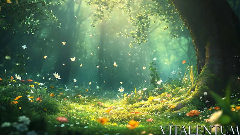 Enchanted Forest Glade with Sunbeams and Wildflowers, Fantasy Art.