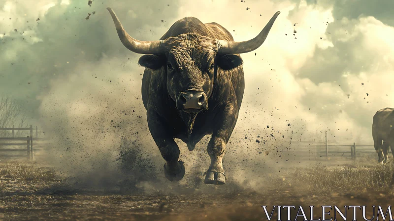 Charging bull erupts through dust on a dramatic open plain.