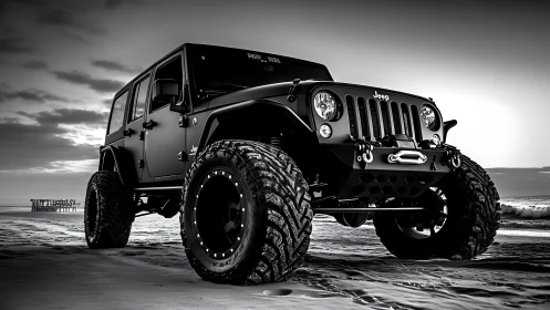 Lifted off road Jeep dominates monochrome ocean shoreline