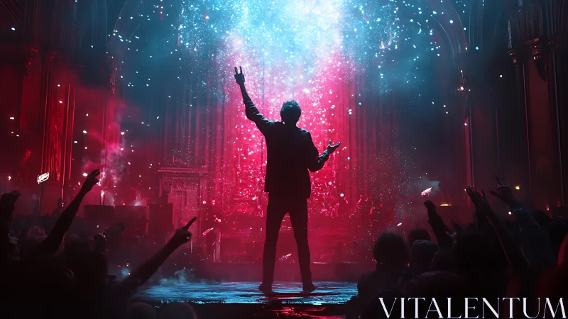 Silhouetted performer stands before dense red and blue light field