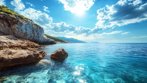 Rocky coastal headland with clear cyan seawater at midday sun