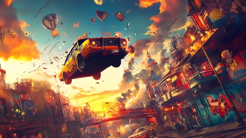 Dynamic digital painting of airborne taxi in neon cityscape.