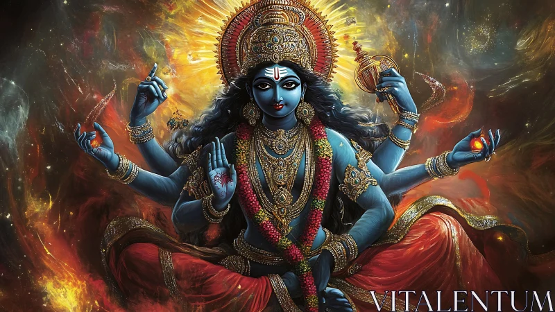 Blue four-armed goddess radiates cosmic fiery power