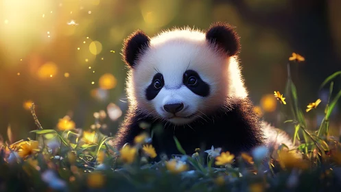Baby panda lies in meadow under warm backlit sunset glow