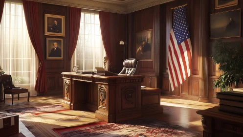 Sunlit presidential desk waits in a hushed ceremonial glow