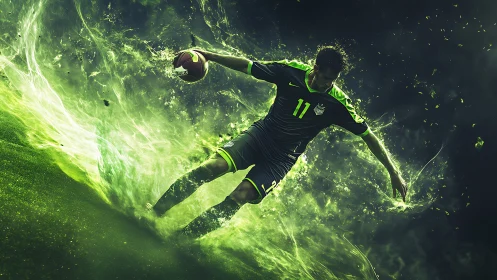 Electric game moment with glowing green soccer energy.
