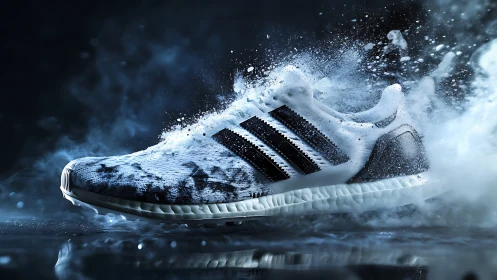 Dynamic sports sneaker exploding through water and mist.