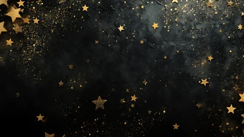 Gold star fragments on dark textured abstract background.