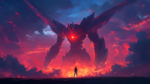Colossal molten mech looming over lone human in infernal sky
