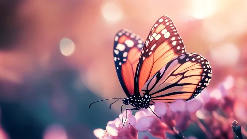 Sunlit monarch pausing on candy-pink blossoms of dawn.