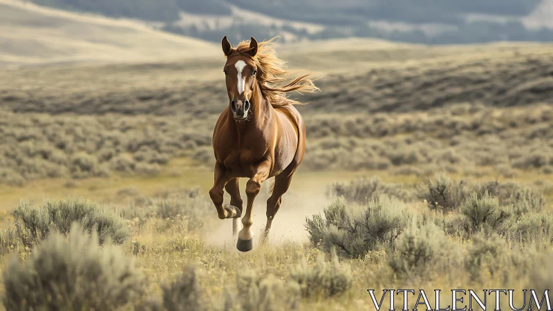 Wild chestnut horse charges across open prairie grassland.