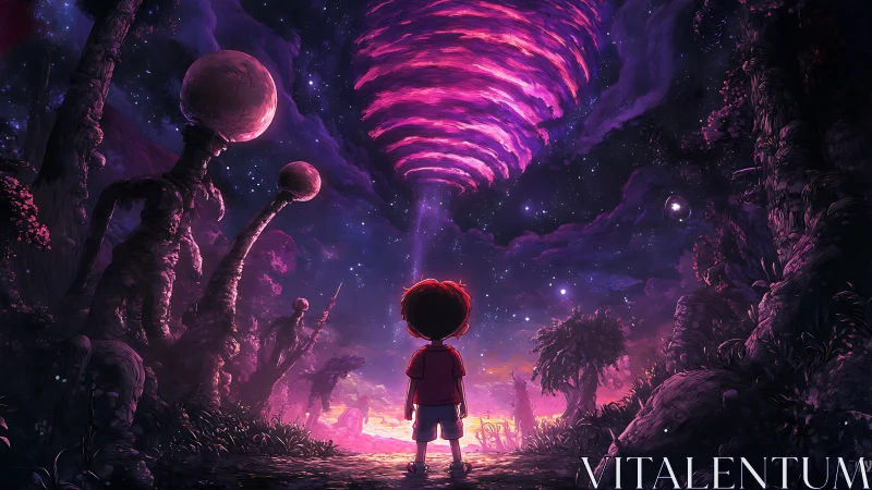 Child under cosmic vortex observing luminous alien forest
