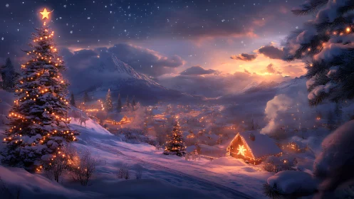 Snowy alpine village glows with warm festive Christmas lights