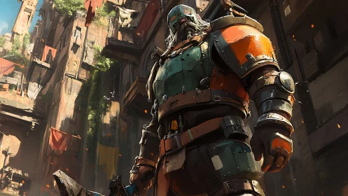 Armored wasteland warrior in sunlit dystopian alley.