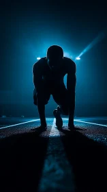 Midnight sprinter poised in electric blue anticipation.