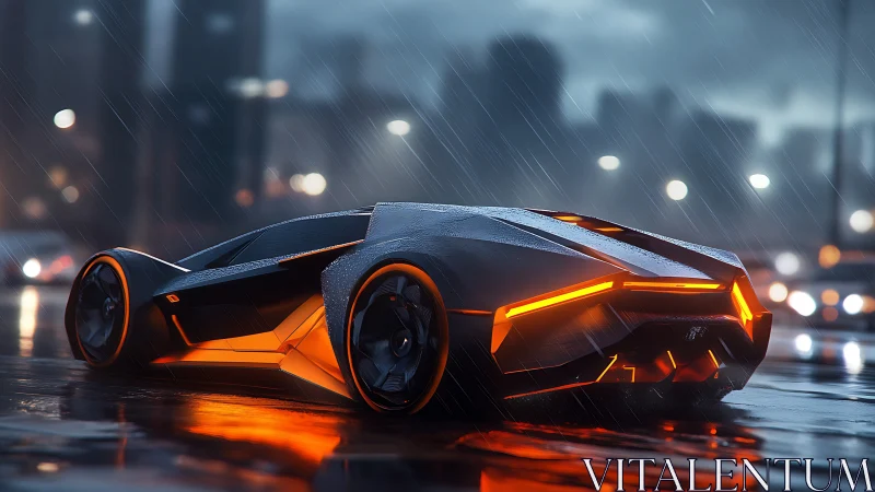 Futuristic sports car on wet city roadway at night.