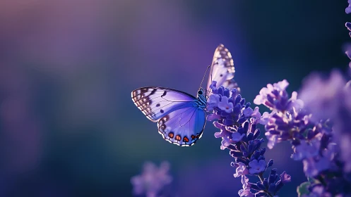 Blue butterfly rests on lavender in dreamy purple light