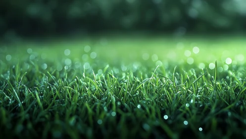 Morning dew on luminous grass in dreamy shallow focus.