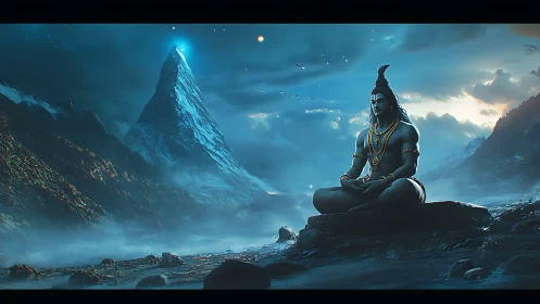 Seated deity figure is rendered before a misted alpine peak