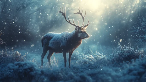 Majestic stag in backlit snowfall within frosted winter forest