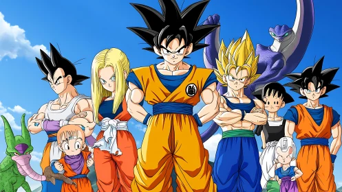 Dragon Ball Z heroes and villains lineup under blue sky.
