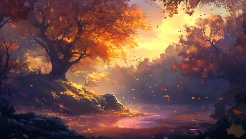 Radiant autumn grove beside a glowing river at dusk.