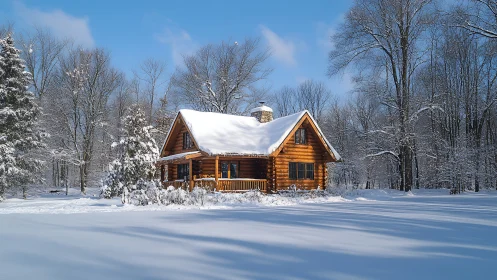 Snow covered log cabin amid quiet winter forest landscape.