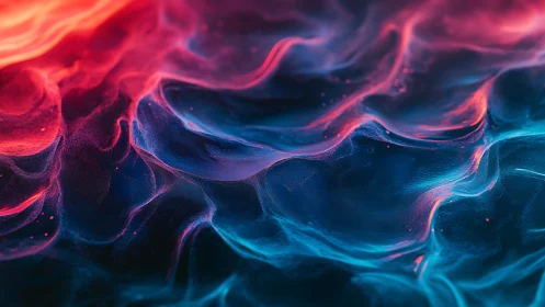 Abstract fluid waves in red and blue luminous gradients.