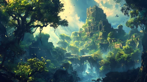 Vertical jungle citadel with terraced ruins and volumetric light.