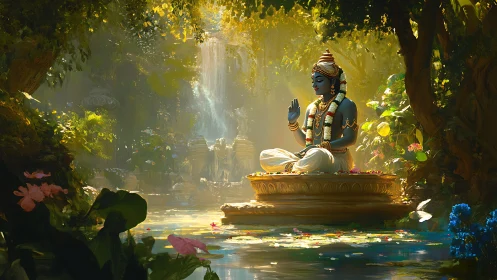 Serene blue-skinned deity meditating in lush forest grove.