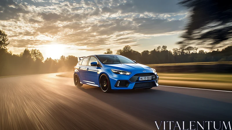 Sporty blue hatchback powers through sunset country road.