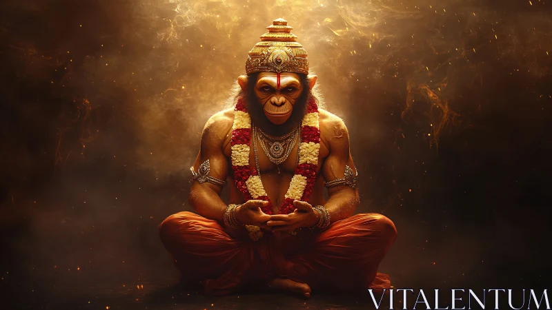 Hanuman-inspired figure in fiery meditative digital artwork.