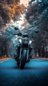 Motorcycle on empty tree-lined road, centered front view.