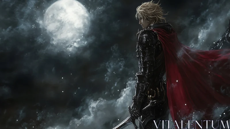 Lone armored knight under full moon with red cloak.