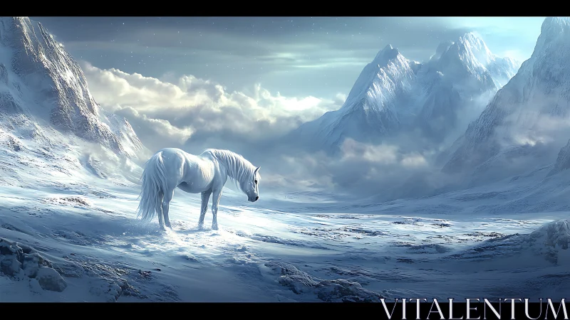 White horse wandering softly through a silent winter valley.