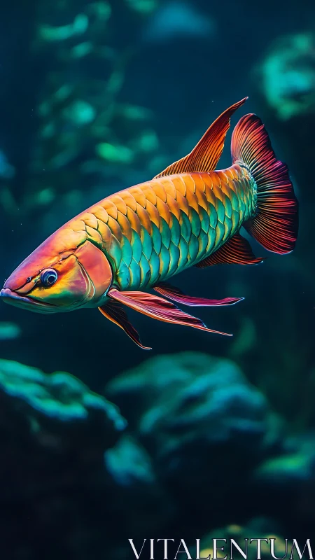 Vibrant arowana fish swims through deep teal aquarium water
