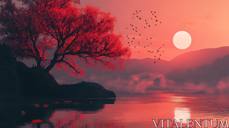 Red-lit lakeside tree and birds rendered in atmospheric depth