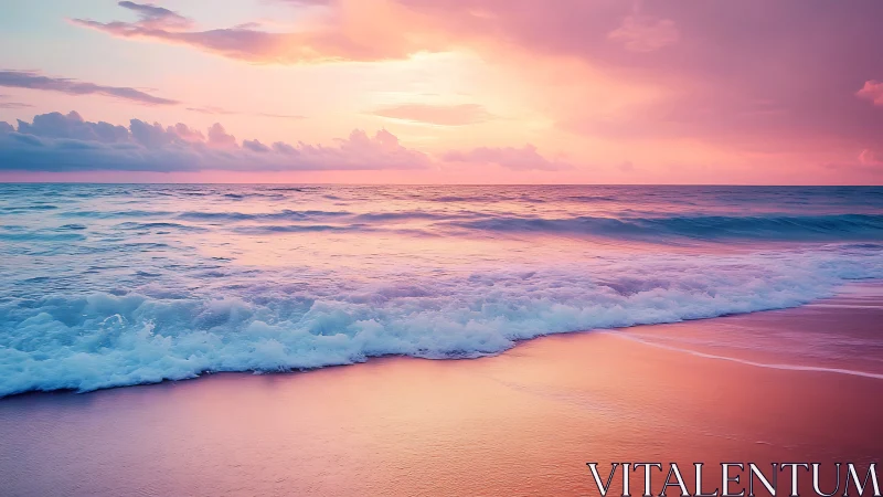 Chromatic littoral waves under gradient sunset skyscape.