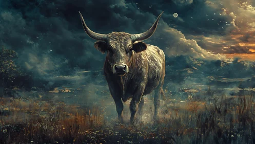 Stormlit longhorn bull emerging through misty twilight field.