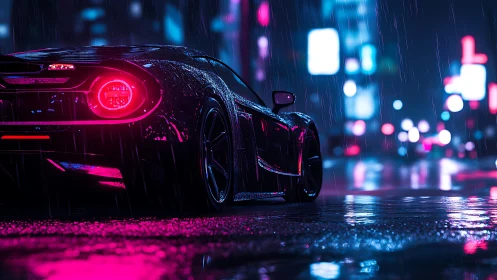 Neon rain racer prowling a cyber city’s glossy midnight streets.