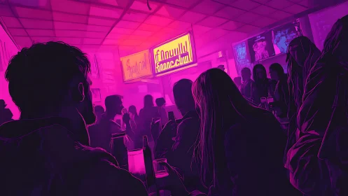 Neon lit crowded bar scene with silhouetted patrons.