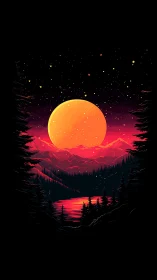 Neon lunar horizon over crimson mountains and midnight lake.