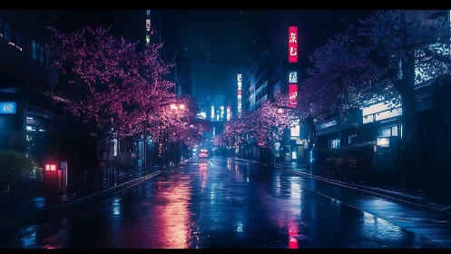 Nocturnal neon boulevard under rainlit sakura reflections.