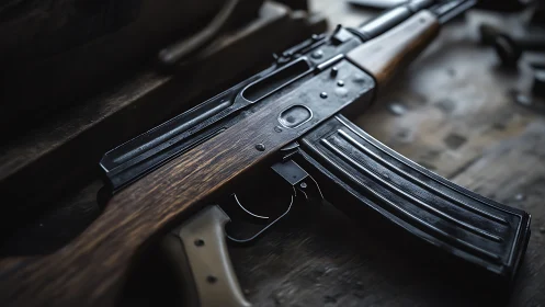 Steel and timber rifle rests in moody workshop silence.