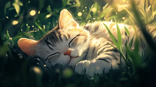 Sunlit kitten sleeping in grass rendered as soft digital painting