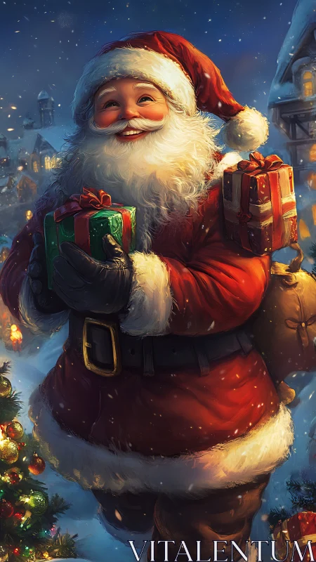 Smiling Santa Claus carrying wrapped Christmas gifts at night.