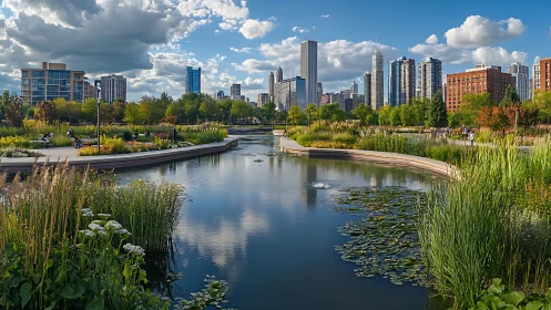 Urban skyline behind landscaped park pond under blue sky.