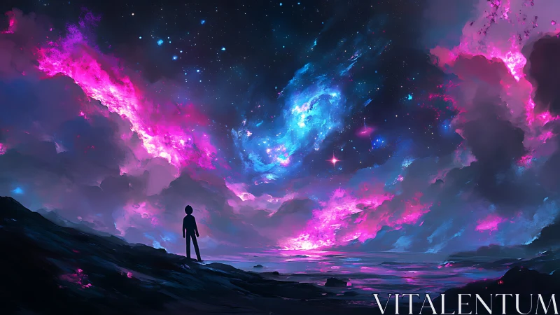 Silhouette watches neon cosmic sky over reflective shore.