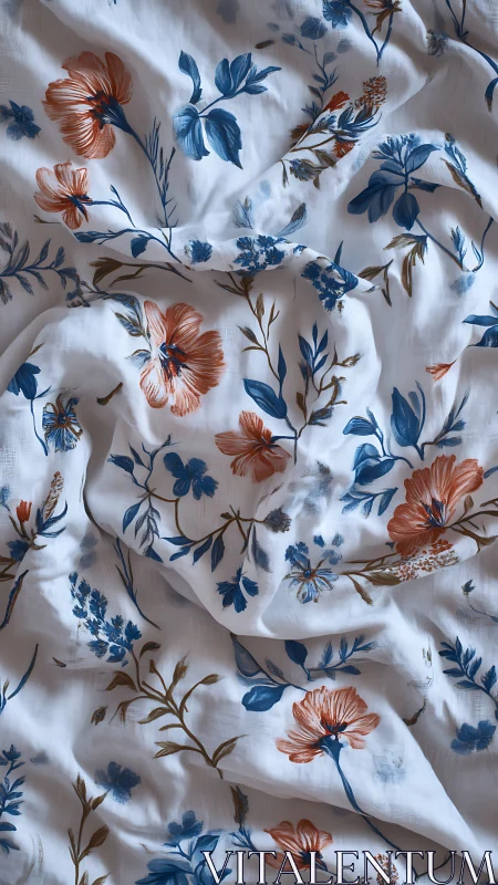 Floral cotton textile with blue and rust botanical print.