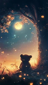 Backlit plush bear observing full moon in luminous forest